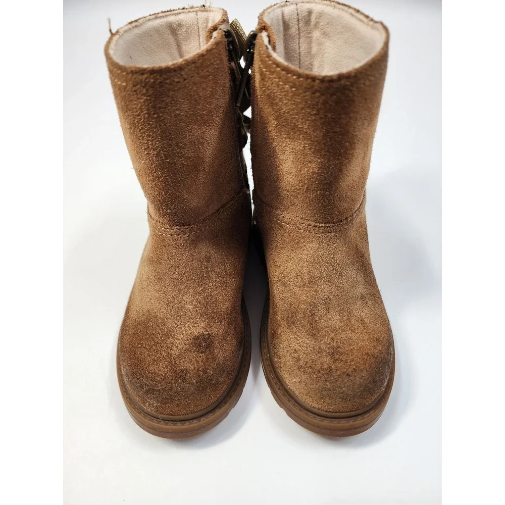 UGG Kids Suede Boots Chestnut Brown Double Gold Star Bows Side Zip Boots